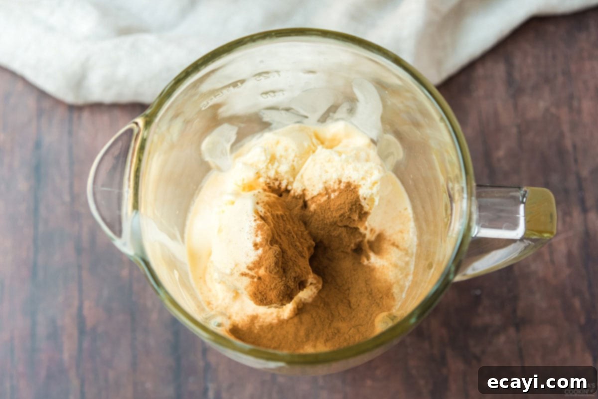 Crisp Apple Cream Shake 3 Milkshake ingredients: ice cream, apple cider, and cinnamon, visible in a blender before blending