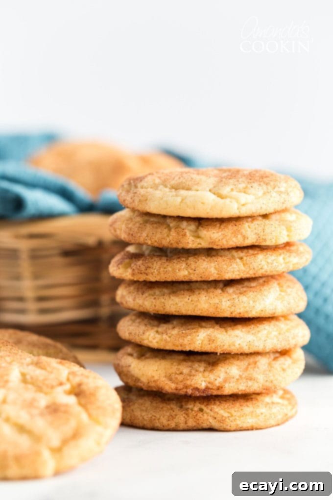 Classic Snickerdoodles 2 a stack of snickerdoodles, golden brown and coated in cinnamon sugar, sitting on a white plate