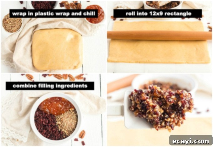 Cranberry Orange Pinwheel Cookies 4 Process of rolling out cookie dough on parchment paper and preparing the cranberry orange filling.