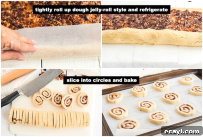 Cranberries, pecans, and orange marmalade are used as a filling and the dough is rolled up jelly-roll style to make these Cranberry Orange Spiral Cookies. Chilled cookie dough log being rolled and then sliced into individual cranberry orange spiral cookies.