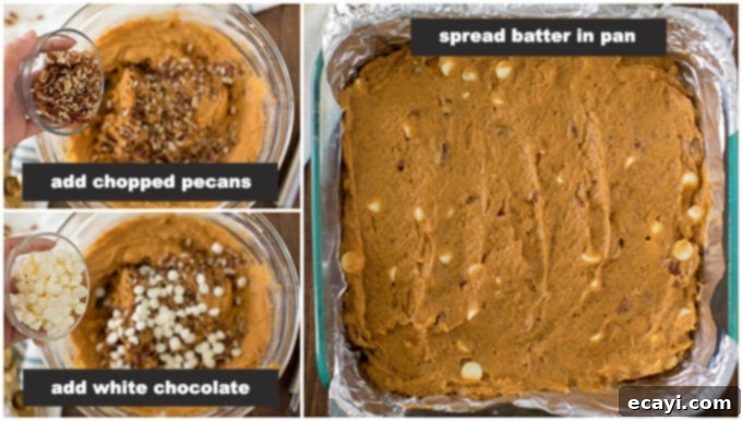 Spiced Pumpkin Indulgence 4 Adding chopped pecans and white chocolate chips to pumpkin cake batter