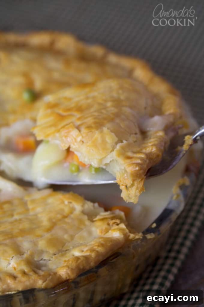 Homestyle Chicken and Turkey Pot Pie 2 A close up of a spoonful of pot pie. Rich, creamy filling with vegetables and meat, topped with a golden brown crust.