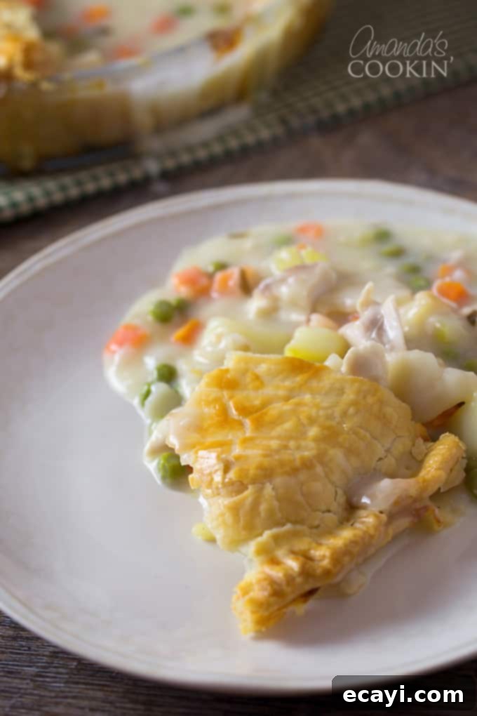 Homestyle Chicken and Turkey Pot Pie 3 A close up of a serving of homemade pot pie on a white plate, showing the creamy filling and golden crust.