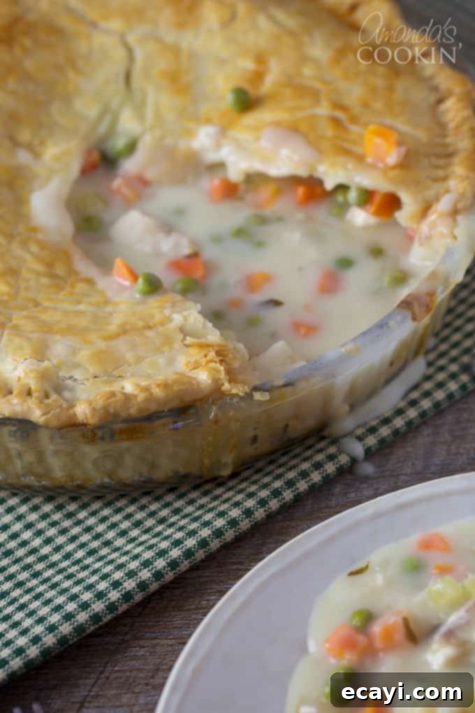 Homestyle Chicken and Turkey Pot Pie 7 A close up of a homemade pot pie with a slice removed, revealing the generous filling inside.