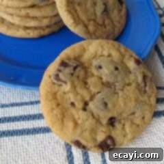 Soft & Tangy Buttermilk Chocolate Chip Cookies 6 A close up photo of a buttermilk chocolate chip cookie with a plate of cookies in the background.