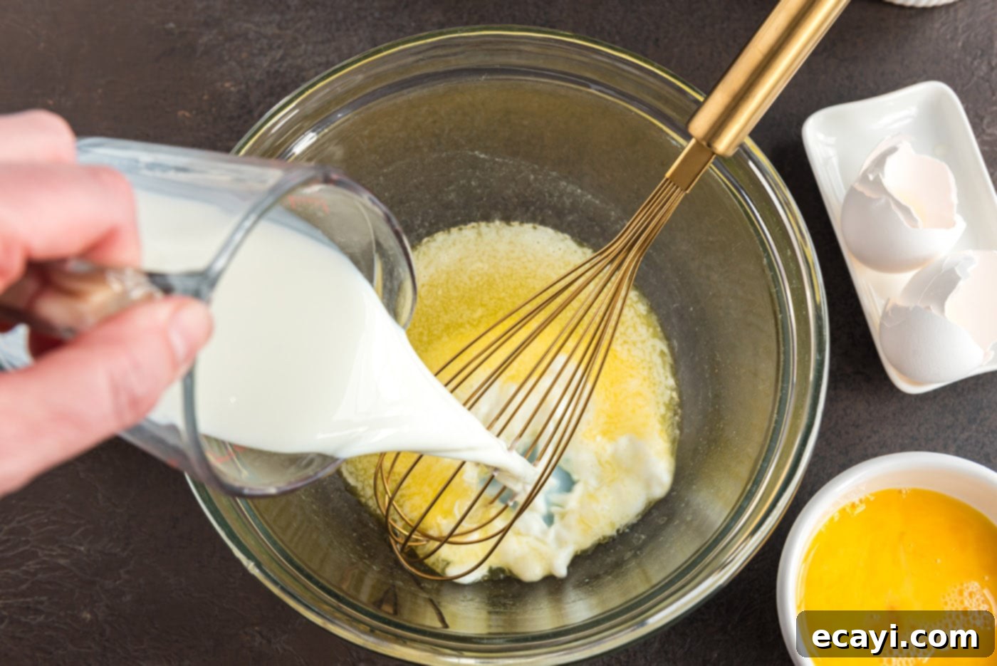 Hearty German Party Loaf 6 pouring milk into bowl of melted butter