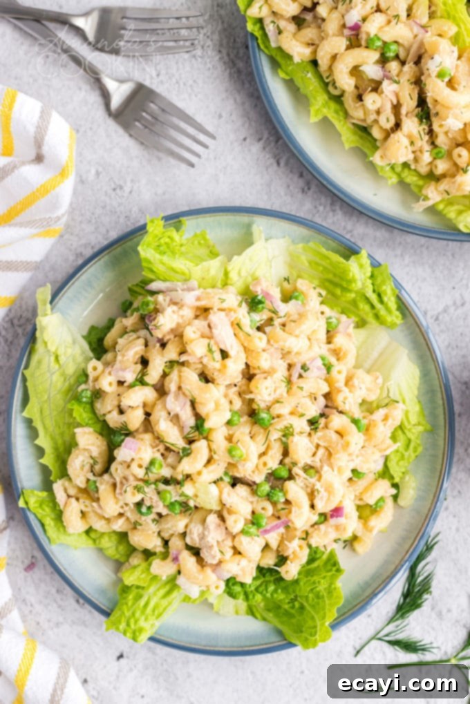 This recipe for tuna pasta salad is easy to make and is perfect for potlucks and barbecues, or just a protein packed lunch! Made with elbow macaroni, tuna, celery, onion and a mayonnaise and lemon based dressing, it's a satisfying lunch! #tuna #pastasalad #tunapastasalad #tunamacaronisalad #elbowmacaroni #celery #redonion #lemonjuice #mayonnaise #potluck #summer #recipes #tunarecipes #pastasaladrecipes tuna pasta salad on a bed of lettuce, ready to be served
