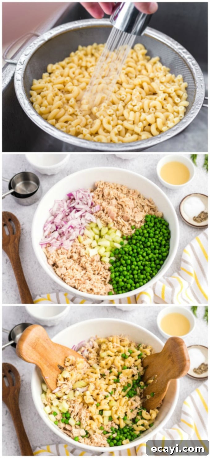 This recipe for tuna pasta salad is easy to make and is perfect for potlucks and barbecues, or just a protein packed lunch! rinsing pasta and combining with ingredients for tuna pasta salad