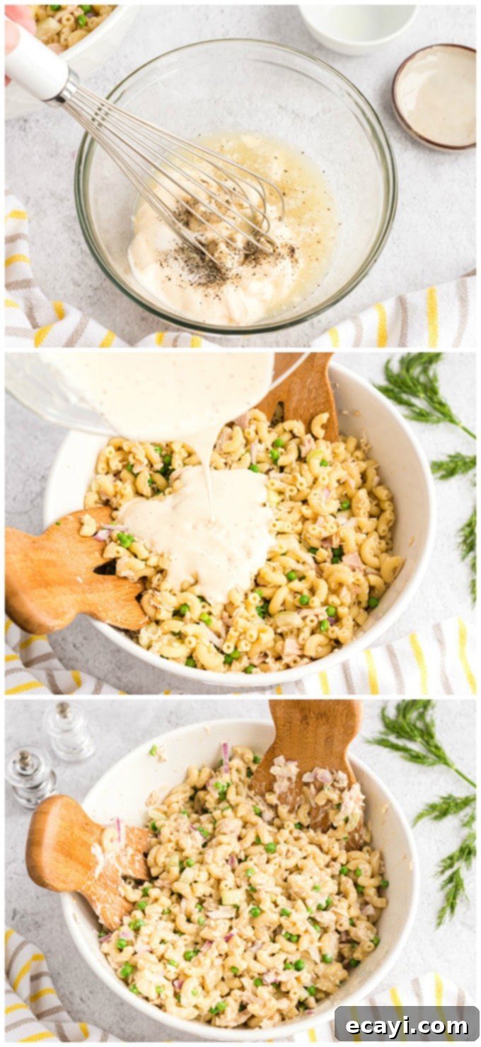This recipe for tuna pasta salad is easy to make and is perfect for potlucks and barbecues, or just a protein packed lunch! adding dressing to tuna pasta salad in a large mixing bowl