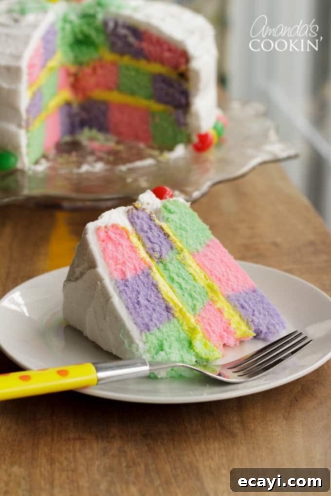 This Checkerboard Cake is the perfect treat for Easter- impress your friends and family with a colorful cake for the holiday! #easter #easterdessert #easterrecipes #cake #checkerboardcake #cakerecipes #cutefood #frosting Checkerboard Cake for Easter