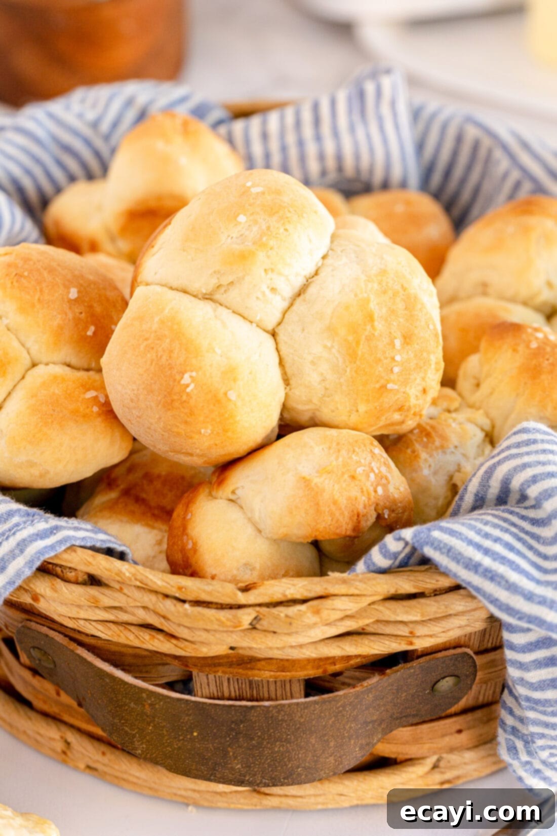 Irresistible Tear-and-Share Dinner Buns 2 A charming basket filled with golden-brown, warm Homemade Pull Apart Dinner Rolls, ready to be enjoyed.