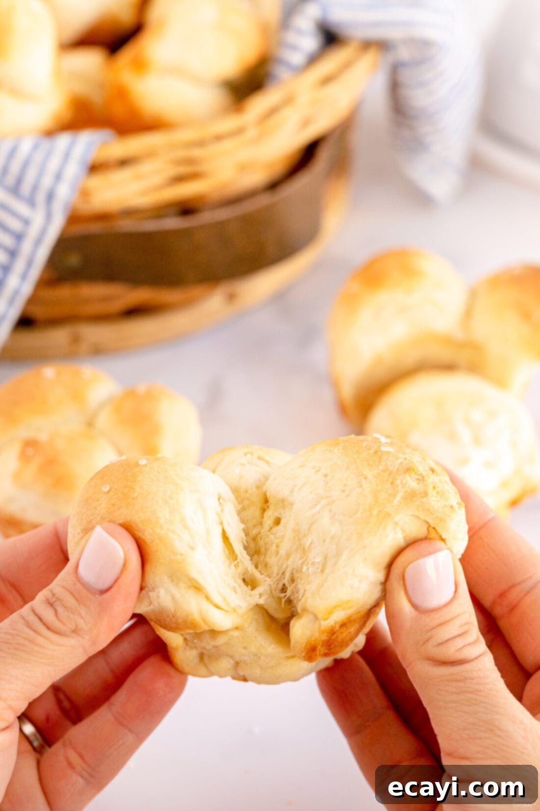 Irresistible Tear-and-Share Dinner Buns 3 Close-up of a hand gently separating a soft, warm Homemade Pull Apart Dinner Roll from the cluster, revealing its fluffy interior.
