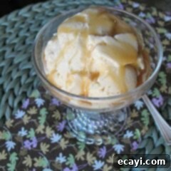 Golden Brown Sugar Vanilla Bean Ice Cream 2 A close up picture of brown sugar vanilla bean ice cream in a clear bowl with caramel drizzle on top.