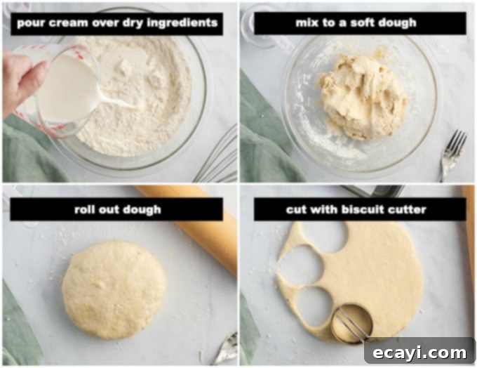 Golden Fluffy Biscuits 3 A series of images showing the process of making biscuit dough, from mixing and gently kneading to patting out the dough and cutting individual biscuits with a biscuit cutter.