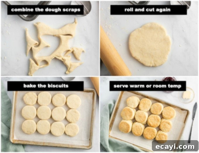 Golden Fluffy Biscuits 4 Two key stages of biscuit preparation: on the left, leftover dough scraps from cutting; on the right, several perfectly cut raw biscuits neatly arranged on a baking pan, ready for the oven.