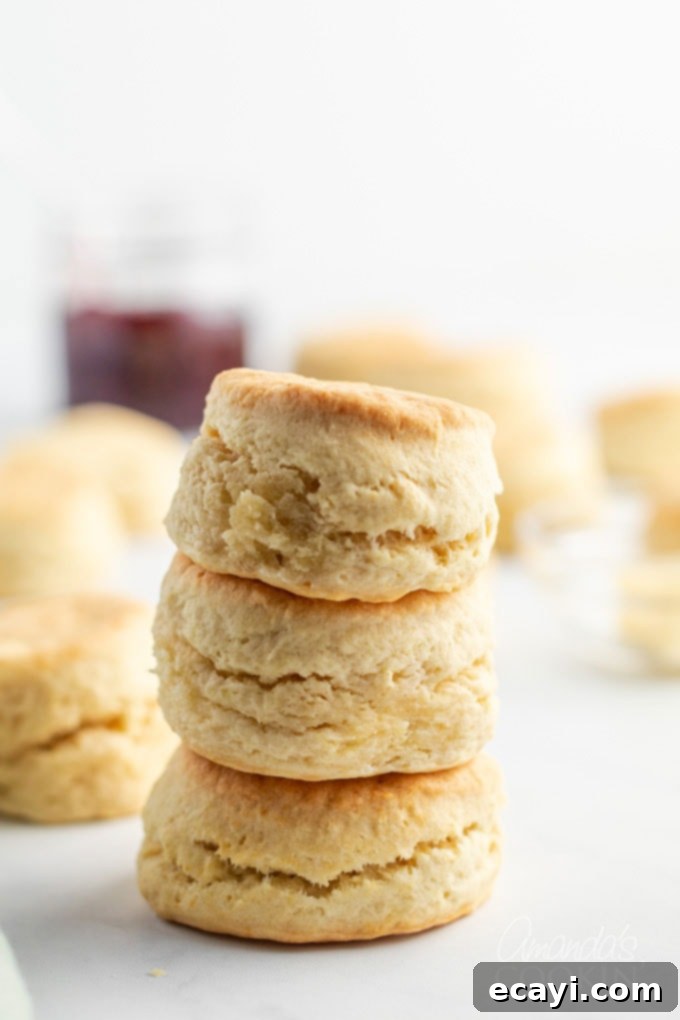 This recipe for flaky homemade biscuits only has 5 ingredients and comes together quickly, getting them on the table in about half an hour. A tall stack of perfectly baked, golden-brown homemade biscuits, showcasing their impressive rise and inviting texture, ready to be enjoyed.