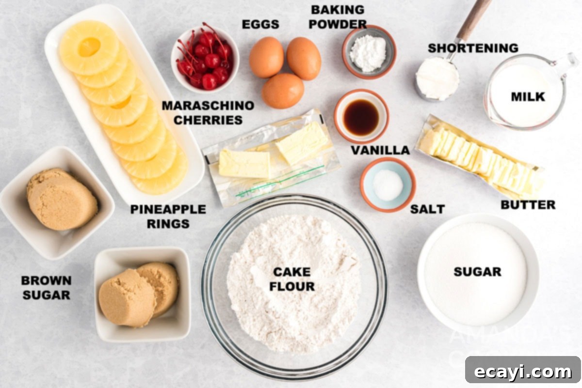 Golden Skillet Pineapple Flip 2 labeled ingredients for pineapple upside down cake including flour, sugar, butter, eggs, pineapple, and cherries
