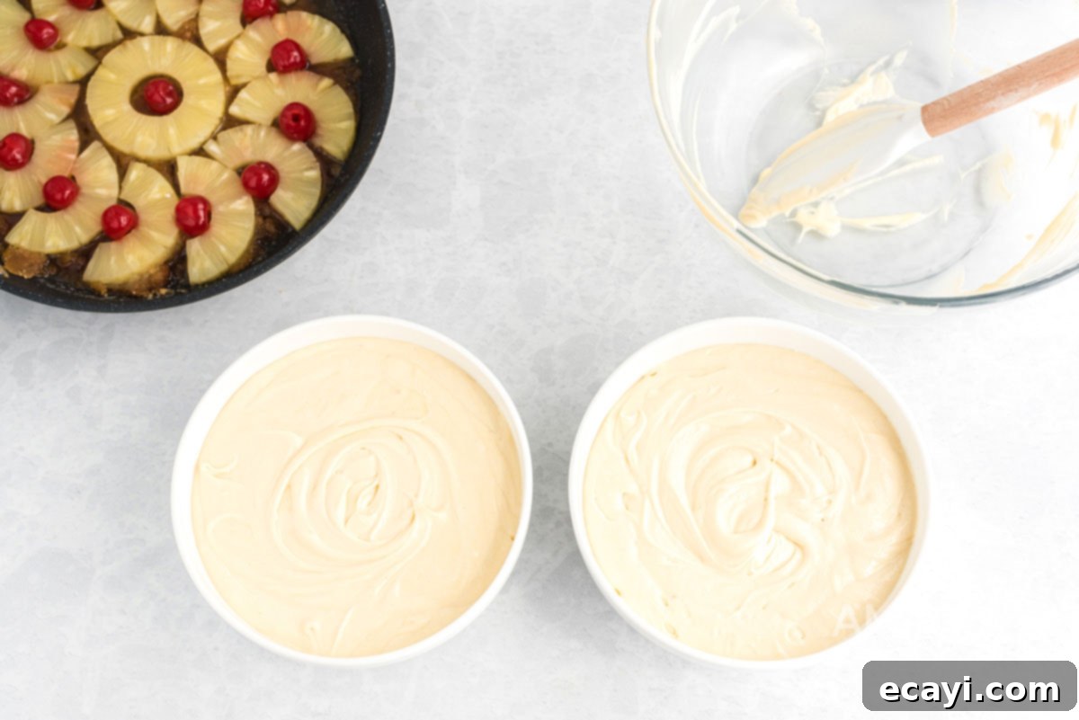 Golden Skillet Pineapple Flip 8 two bowls of evenly divided cake batter