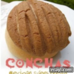 Conchas: Mexican Sweet Bread Delight 3 A close up photo of a concha. This Mexican sweet bread features a soft interior and a crumbly sugar topping with a shell pattern.