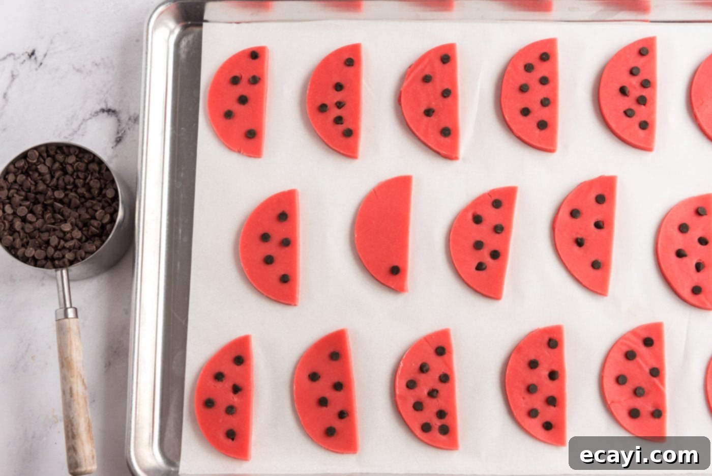 Melon Patch Morsels 11 dotting watermelon cookie dough with chocolate chips