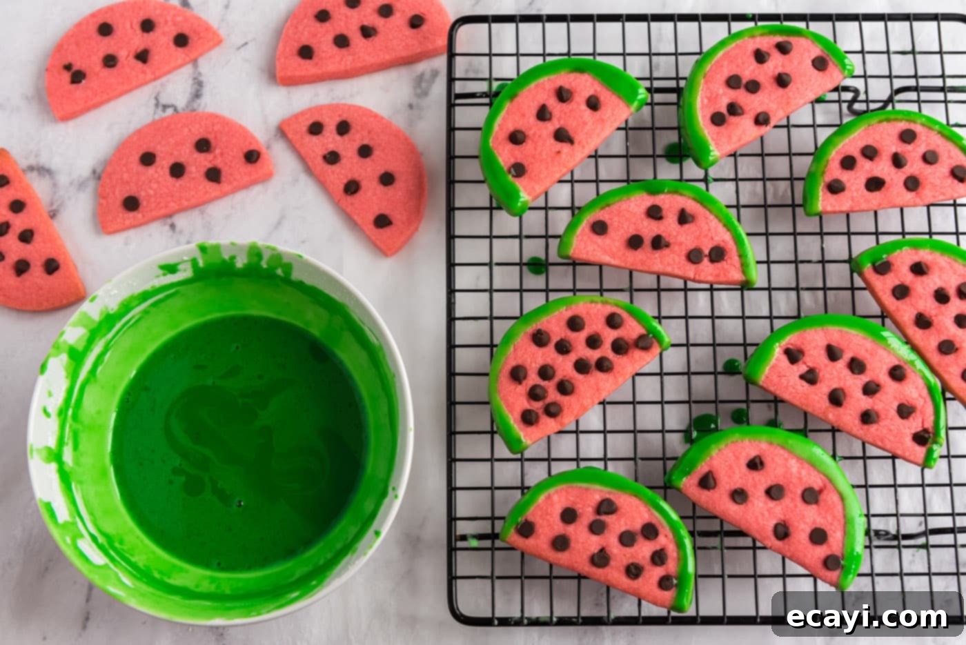 Melon Patch Morsels 15 watermelon cookie slices dipping in green glaze