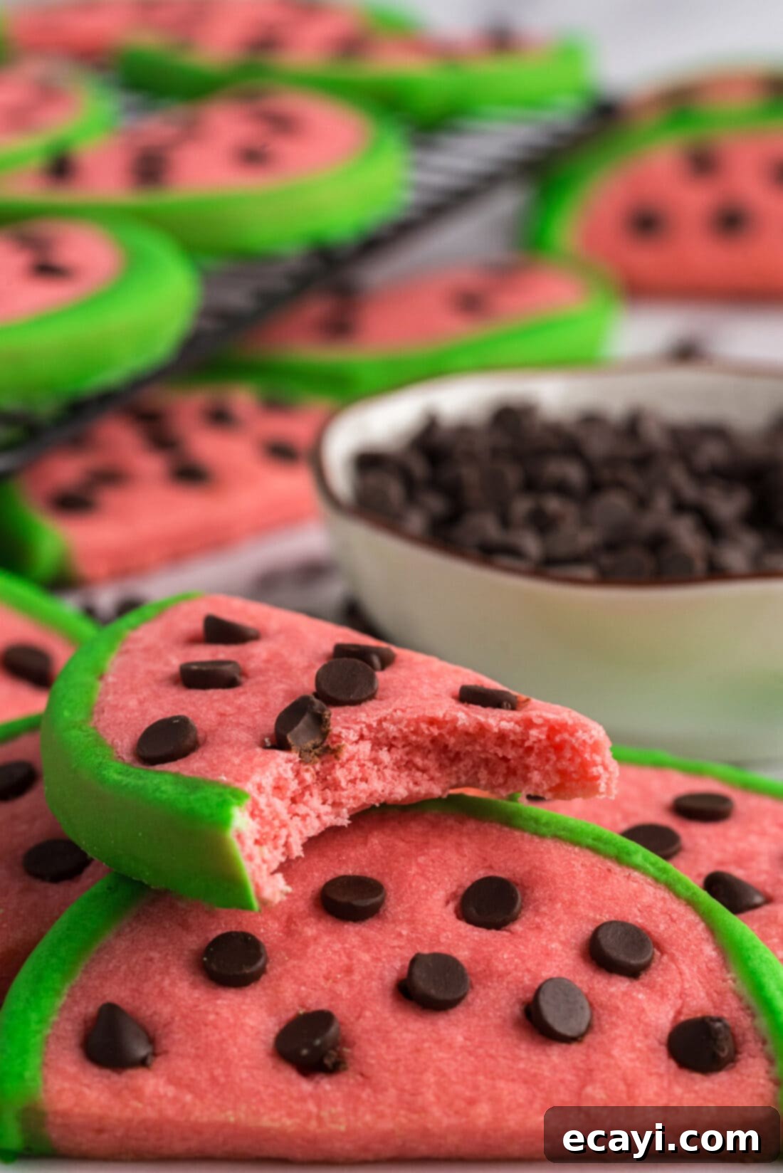 Melon Patch Morsels 16 Close up photo of a Watermelon Cookie with a bite taken out