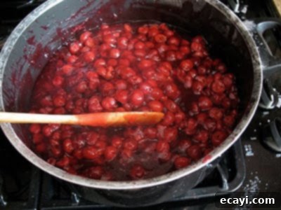 The Best Homemade Cherry Pie Filling 16 Sour cherries cooking in the thickened pie filling base