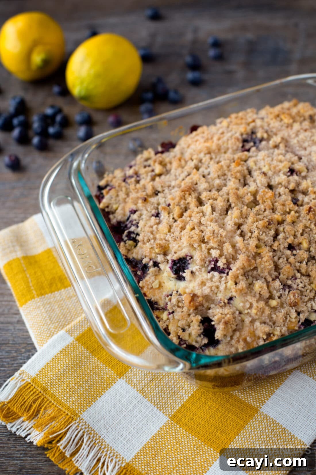 Whole Pan of Homemade Blueberry Coffee Cake A golden-brown pan of freshly baked blueberry breakfast cake, ready to be served.