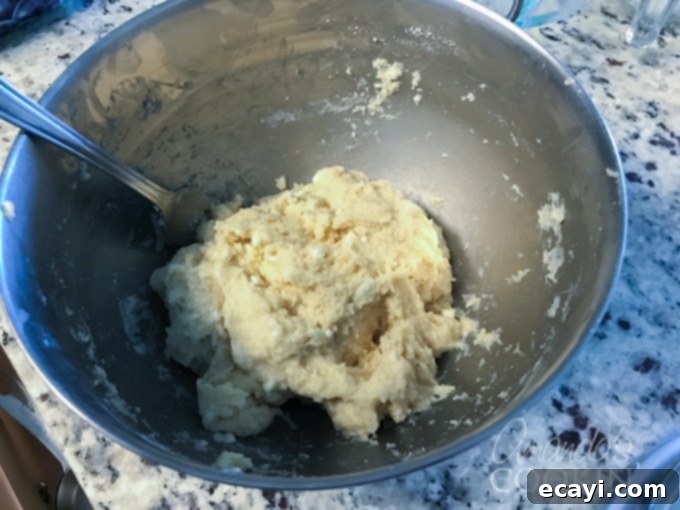 Golden Blueberry Morning Bake 2 Thick cake batter being mixed, showing its dense consistency.