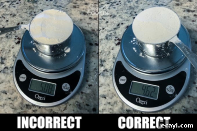 Golden Blueberry Morning Bake 4 Hands demonstrating the scoop and sweep method for accurately measuring flour.
