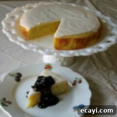 Zesty Lemon Cornmeal Cake with Blueberry Compote 2 A photo of a lemon cornmeal cake missing a slice on a white cake stand next to a slice of cake on a white plate topped with blueberry sauce.
