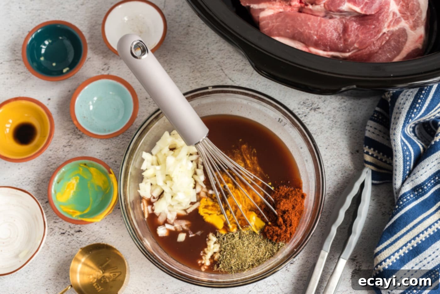 Fall-Apart Tender Slow Cooker Pulled Pork 6 seasonings and sauce ingredients for pulled pork