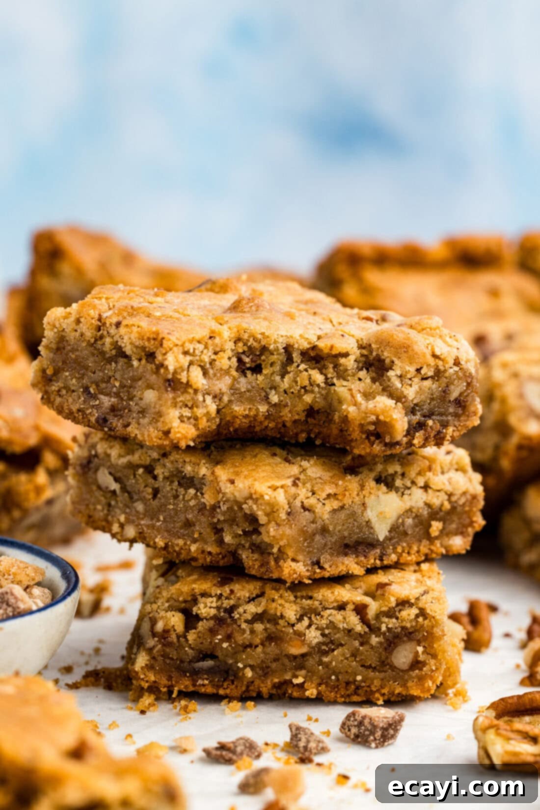 Golden Brown Butter Toffee Bars 2 Stack of three Brown Butter Chocolate Toffee Blondies