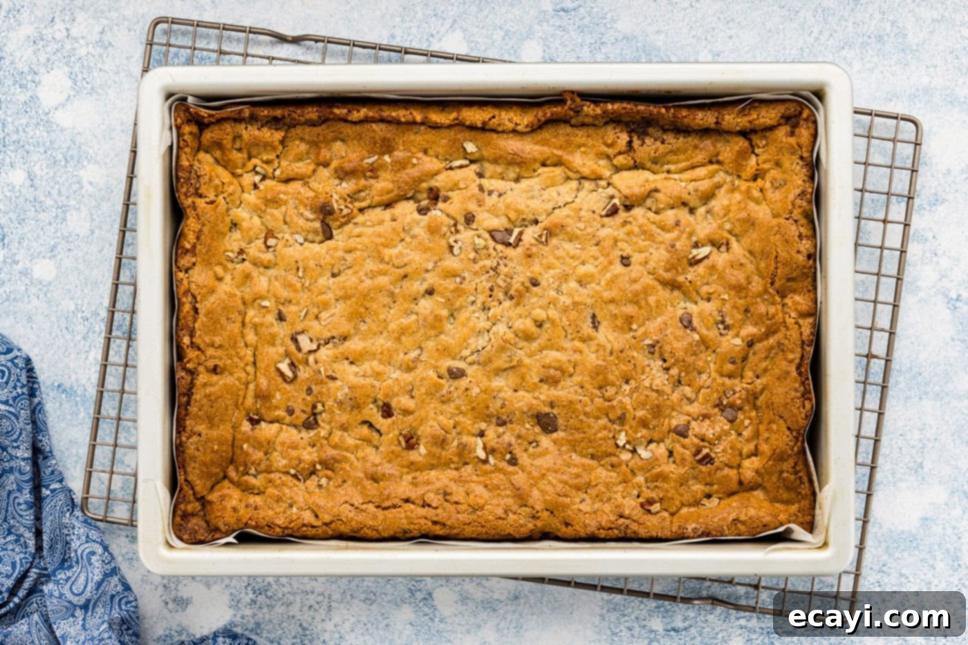 Golden Brown Butter Toffee Bars 13 overhead of baked brown butter toffee blondies in a pan