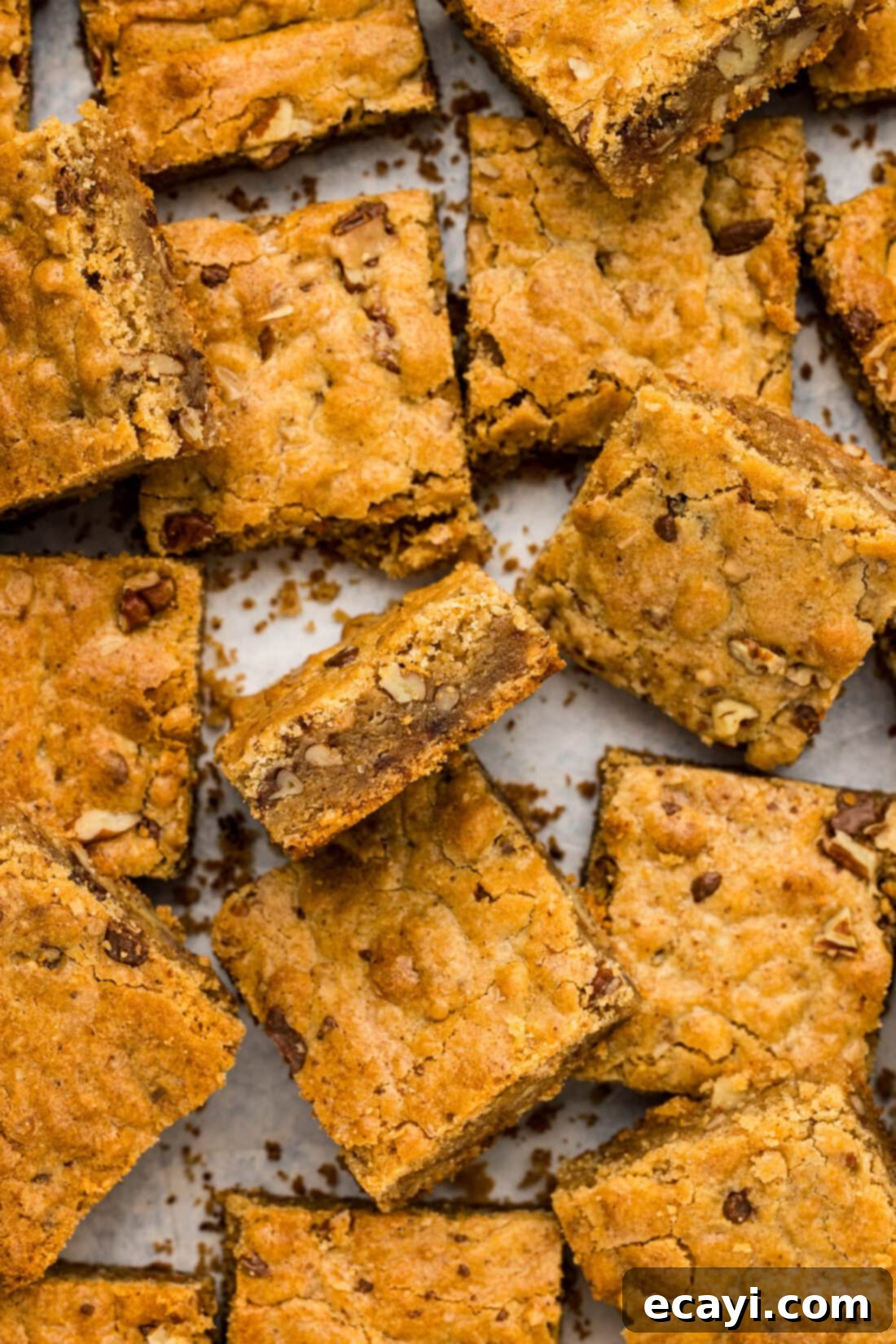 Golden Brown Butter Toffee Bars 14 Brown Butter Chocolate Toffee Blondies piled on top of each other