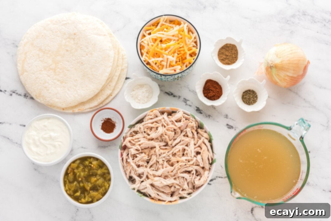 Zesty Chicken Chile Enchiladas 4 A colorful array of ingredients for shredded chicken and chile enchiladas, including shredded chicken, cheese, tortillas, spices, and green chiles, neatly arranged on a countertop.