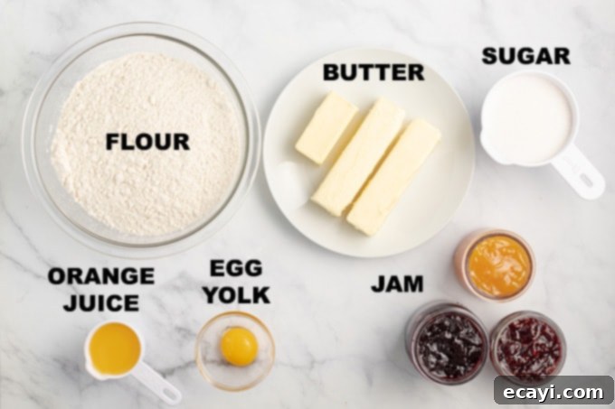 The fresh ingredients needed to bake delicious jam thumbprint cookies, highlighting their simple and wholesome nature A collection of fresh ingredients laid out, including flour, butter, sugar, egg yolk, orange juice, and various jam jars, ready for making thumbprint cookies