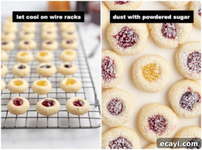 The final flourish: powdered sugar delicately sprinkled over warm thumbprint cookies, enhancing their festive appeal Freshly baked thumbprint cookies, lightly dusted with powdered sugar, creating a delicate and inviting finish