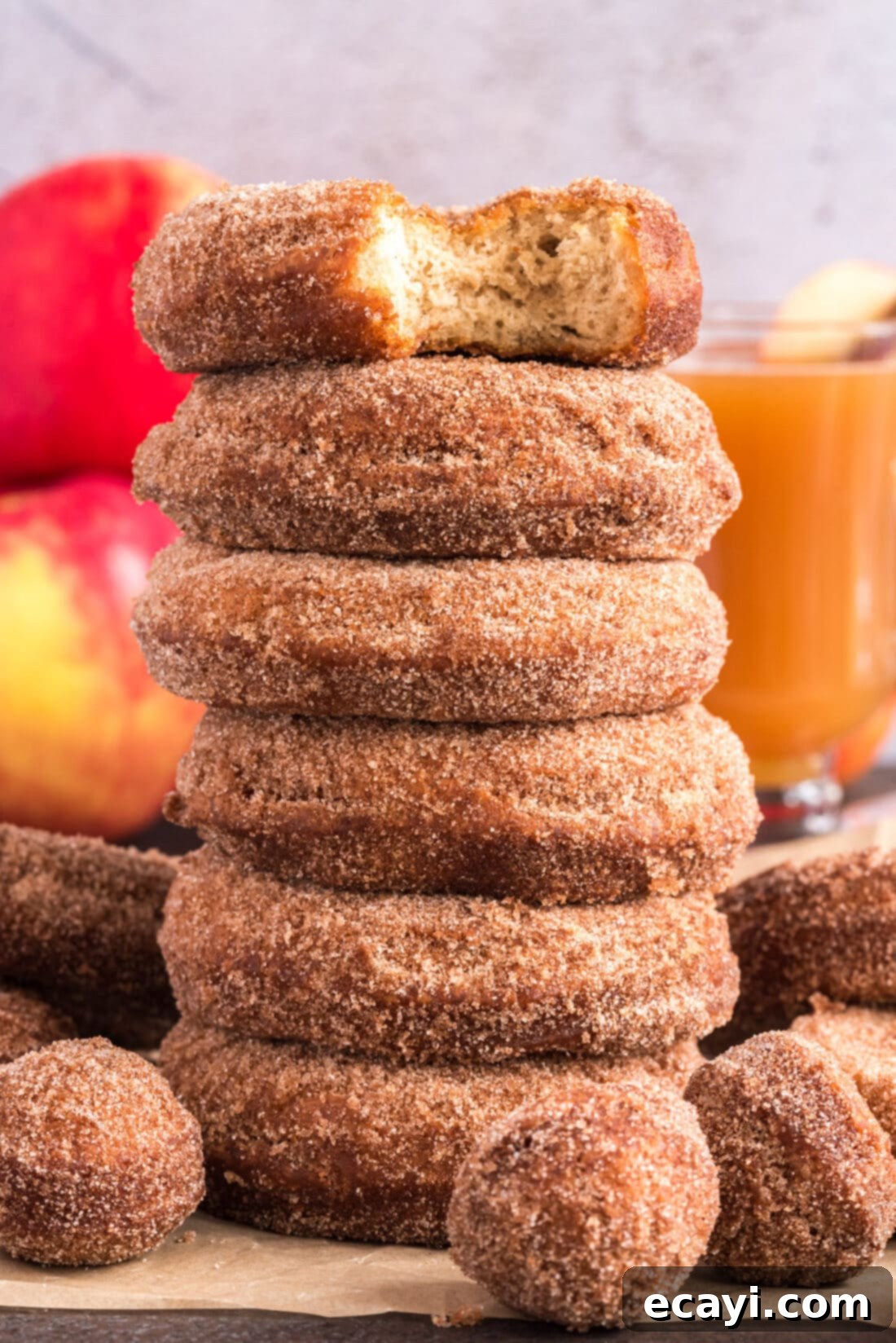 Apple Cider Doughnuts 2 Stack of freshly fried Apple Cider Doughnuts, with a bite taken out of the top one, showing its cakey interior.