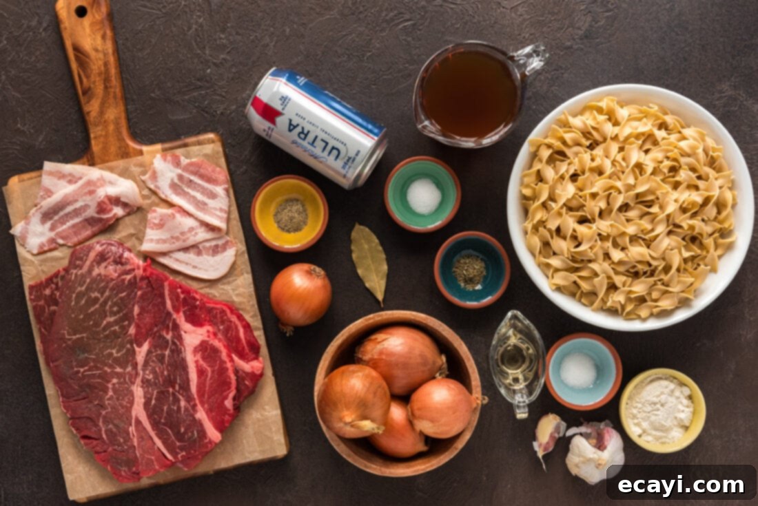 Hearty Beef Carbonnade 4 Ingredients laid out for making Beef Carbonnade