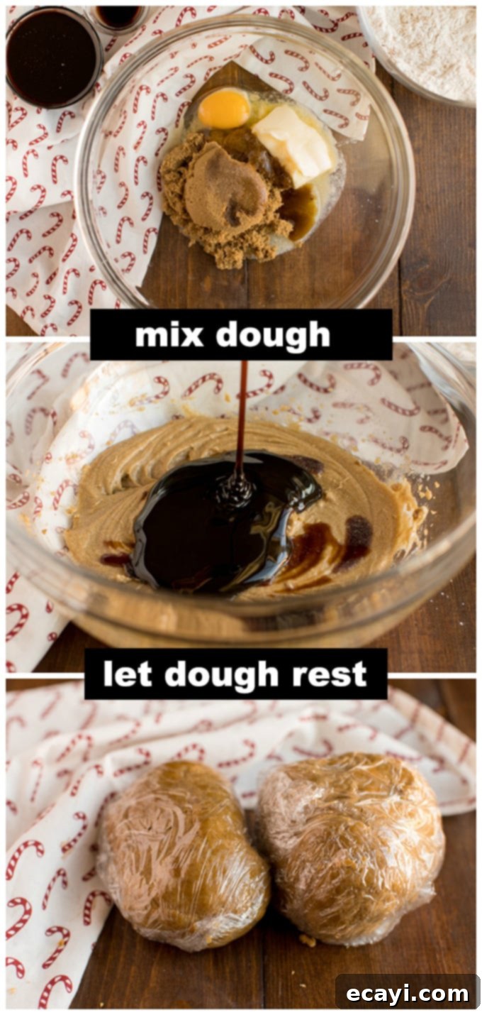Festive Gingerbread Delights 2 The process of mixing gingerbread cookie dough in a stand mixer, showing the smooth, rich brown texture.