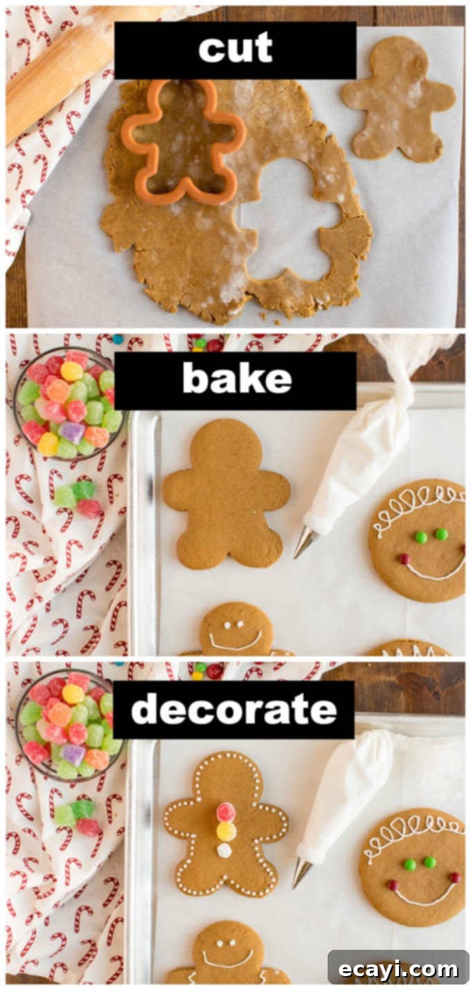 Festive Gingerbread Delights 3 Hands using gingerbread man cookie cutters to cut shapes from rolled cookie dough on parchment paper.
