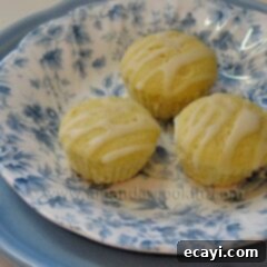 Zesty German Mini Lemon Cakes 2 A close up photo of three German mini lemon cakes in a blue and white dish.