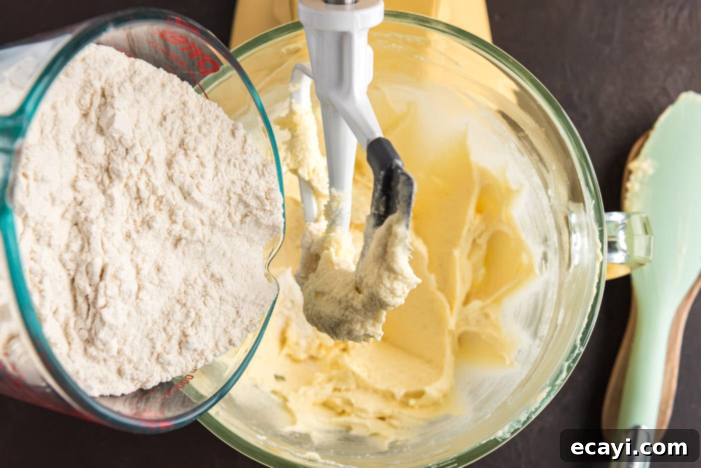 Green St Patricks Day Cookies 6 adding dry ingredients to wet ingredients in a stand mixer