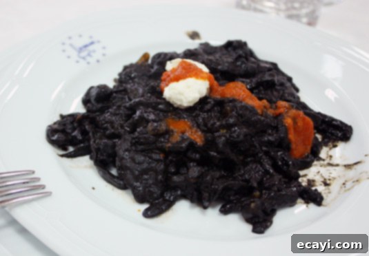 Hand-made cut tagliatelle with a squid ink sauce and ricotta Hand-made cut tagliatelle with a squid ink sauce and ricotta