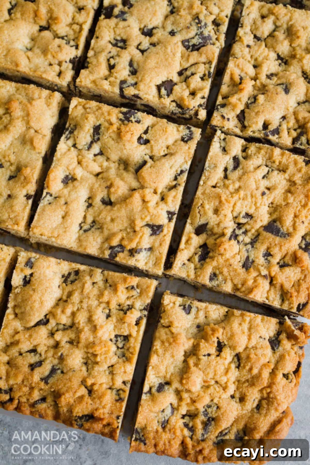 Ultimate Peanut Butter Chocolate Chip Bars 2 Overhead shot of freshly baked peanut butter chocolate chip bars, cut into neat squares on a wire cooling rack, highlighting their golden edges and melty chocolate.
