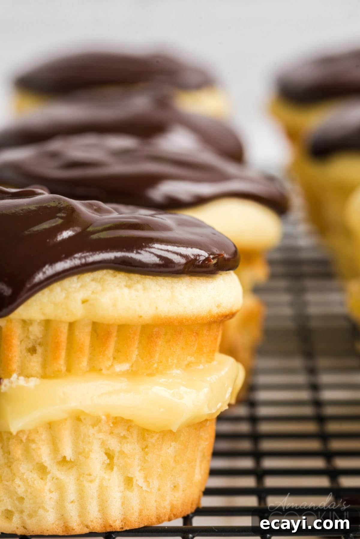 Decadent Boston Cream Cupcake with Rich Chocolate Ganache Close-up view of a Boston Cream Pie cupcake topped with glossy chocolate ganache