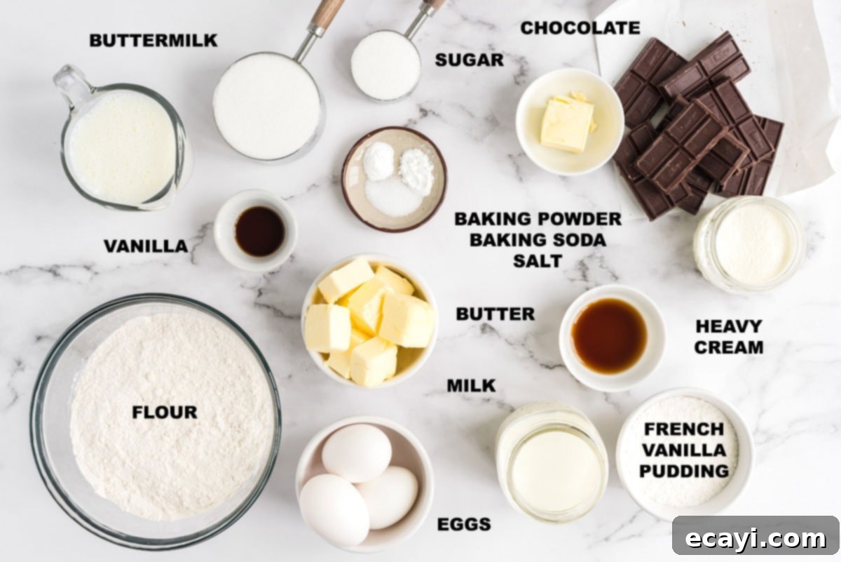 Ingredients for Boston Cream Cupcakes: Cake, Filling, Ganache A selection of ingredients laid out for making Boston Cream Cupcakes