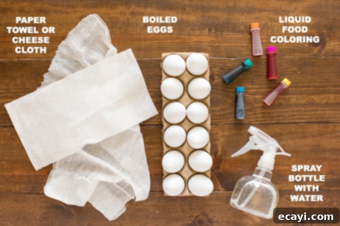 Gather your tie-dye egg decorating supplies for a creative Easter project. Various supplies for tie-dye Easter eggs, including food coloring, cheesecloth, and spray bottle