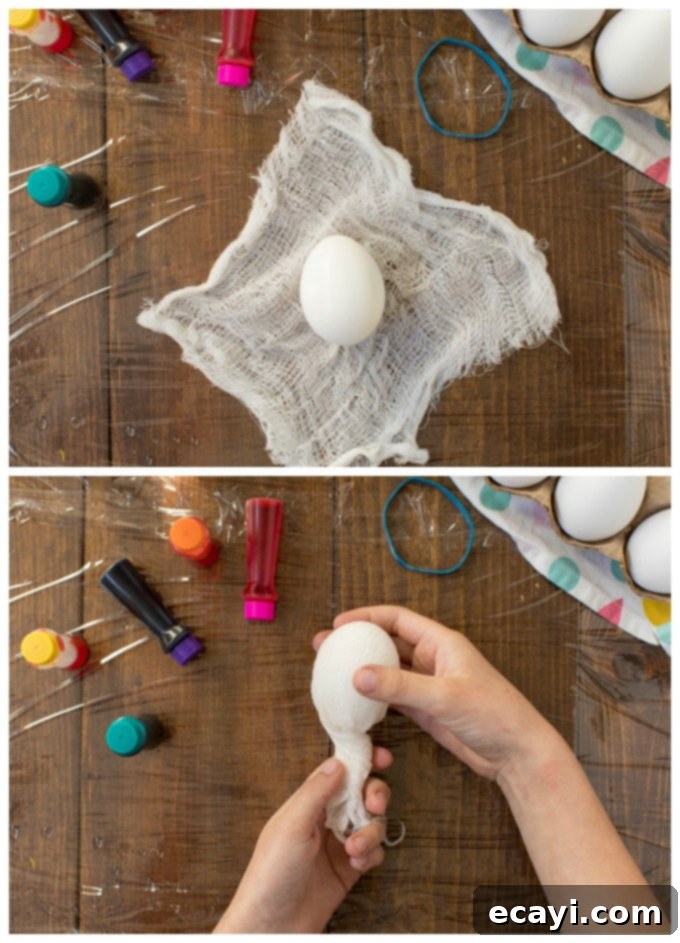 Step-by-step: How to place an egg in cheesecloth for tie-dyeing. Placing a hard-boiled egg into the center of a damp cheesecloth square
